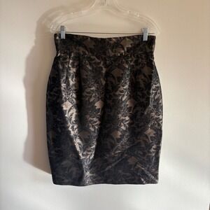Sunny Choi Metallic Bronze Black Damask Wool Blend Pencil Skirt Womens Size 12